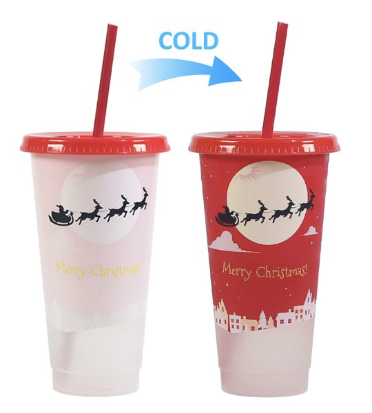 Christmas Sleigh Ride Changing Reusable Cold Cups w/ straw