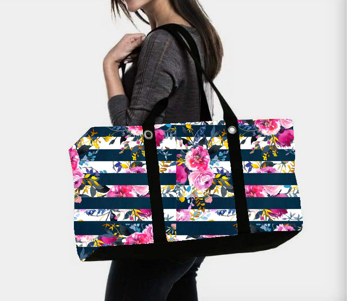 Large Utility Tote Blue Stripped Floral